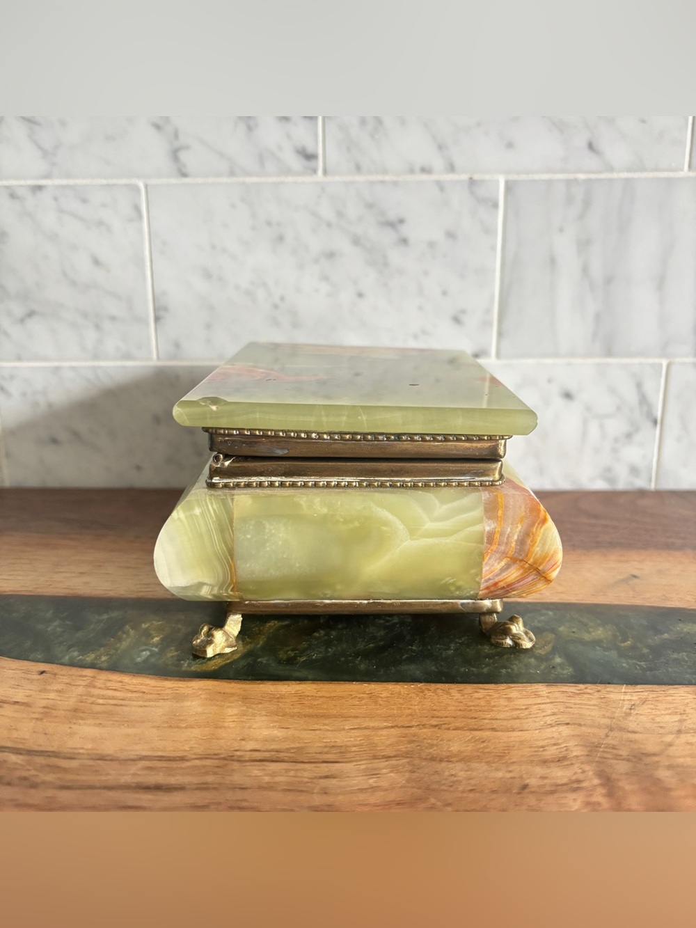 Vintage Green and Brown Marble Onyx Stone and Brass Footed Jewelry Trinket Box - Picture 6 of 12